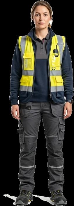 Profesional con chaleco de alta visibilidad amarillo sobre sudadera azul y pantalón multibolsillos