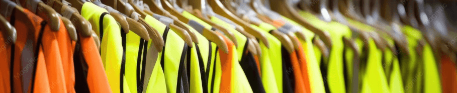 Chalecos de alta visibilidad en amarillo y naranja colgados en un perchero