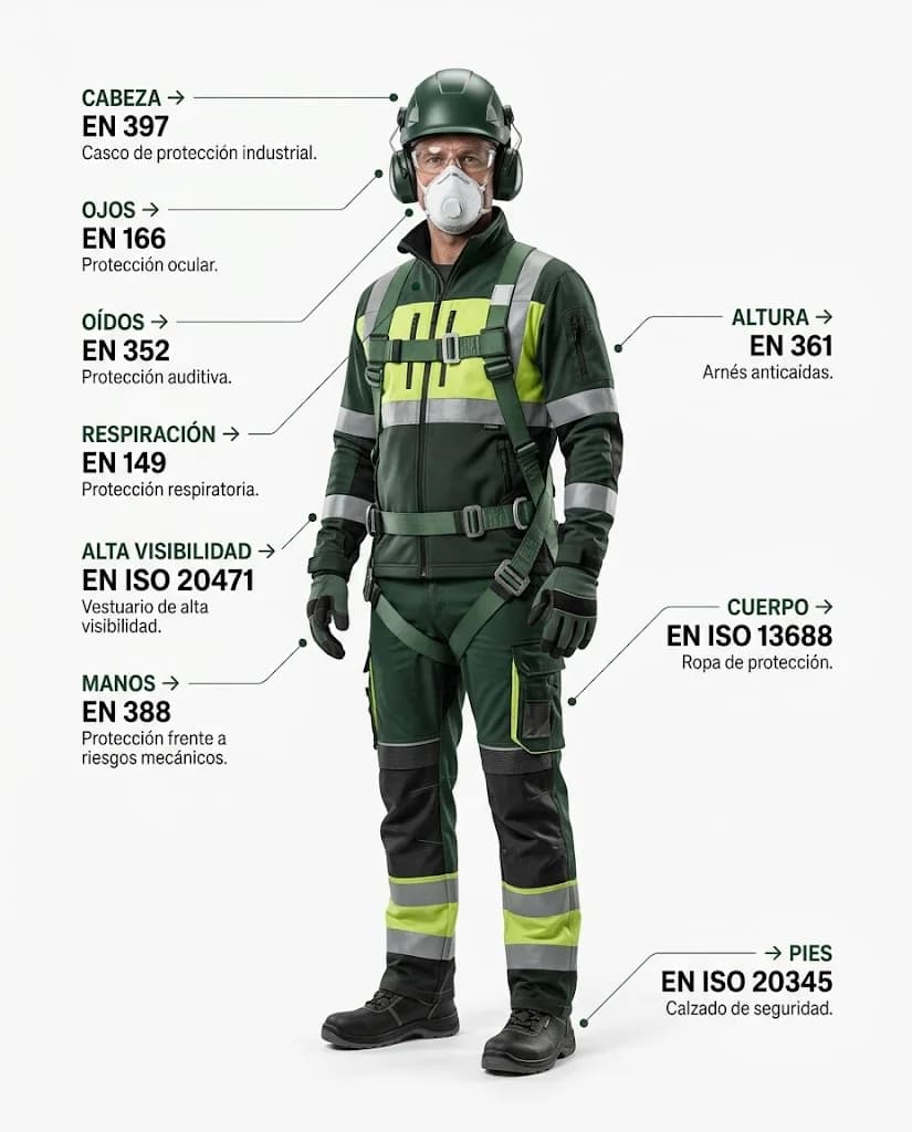 Equipo de rescate con casco, gafas, orejeras, mascarilla, arnés y ropa de alta visibilidad, con la norma de cada pieza señalada