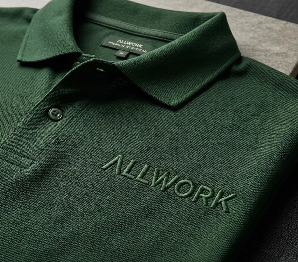 Polo verde con el logotipo ALLWORK bordado en hilo del mismo color, en relieve sobre el pecho