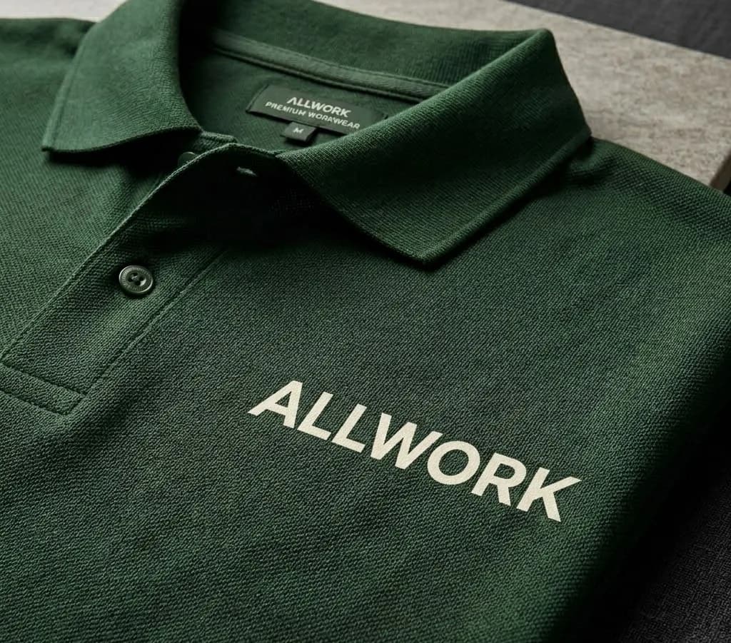 Polo verde con el logotipo ALLWORK impreso en blanco, con el borde limpio y sin relieve