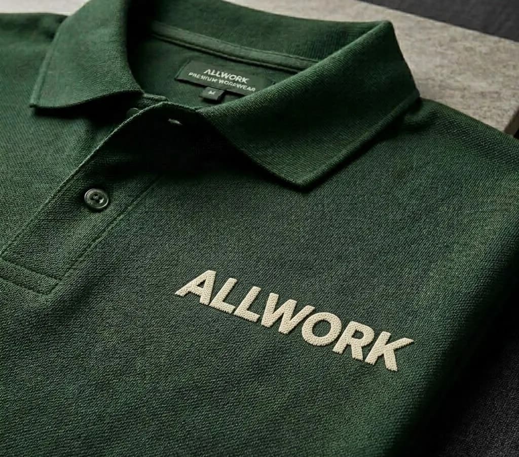 Polo verde con el logotipo ALLWORK serigrafiado en tinta clara sobre el pecho