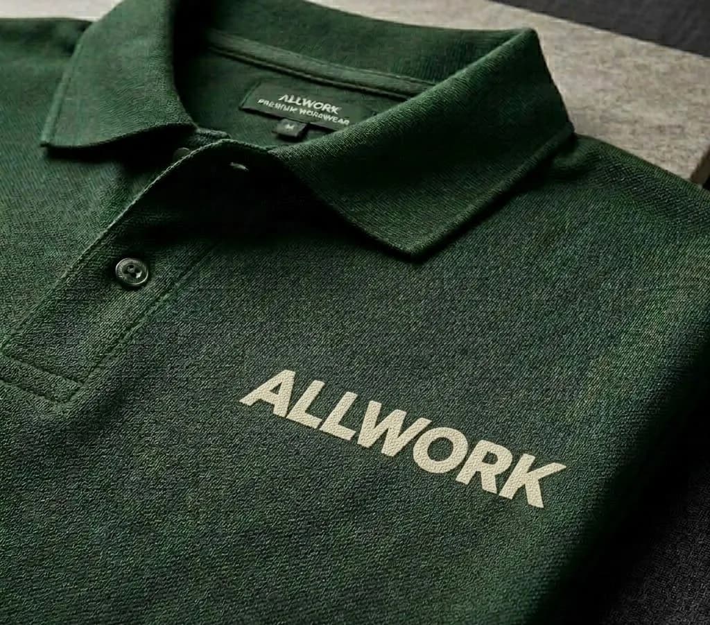 Polo verde con el logotipo ALLWORK sublimado, integrado en el tejido y sin relieve al tacto