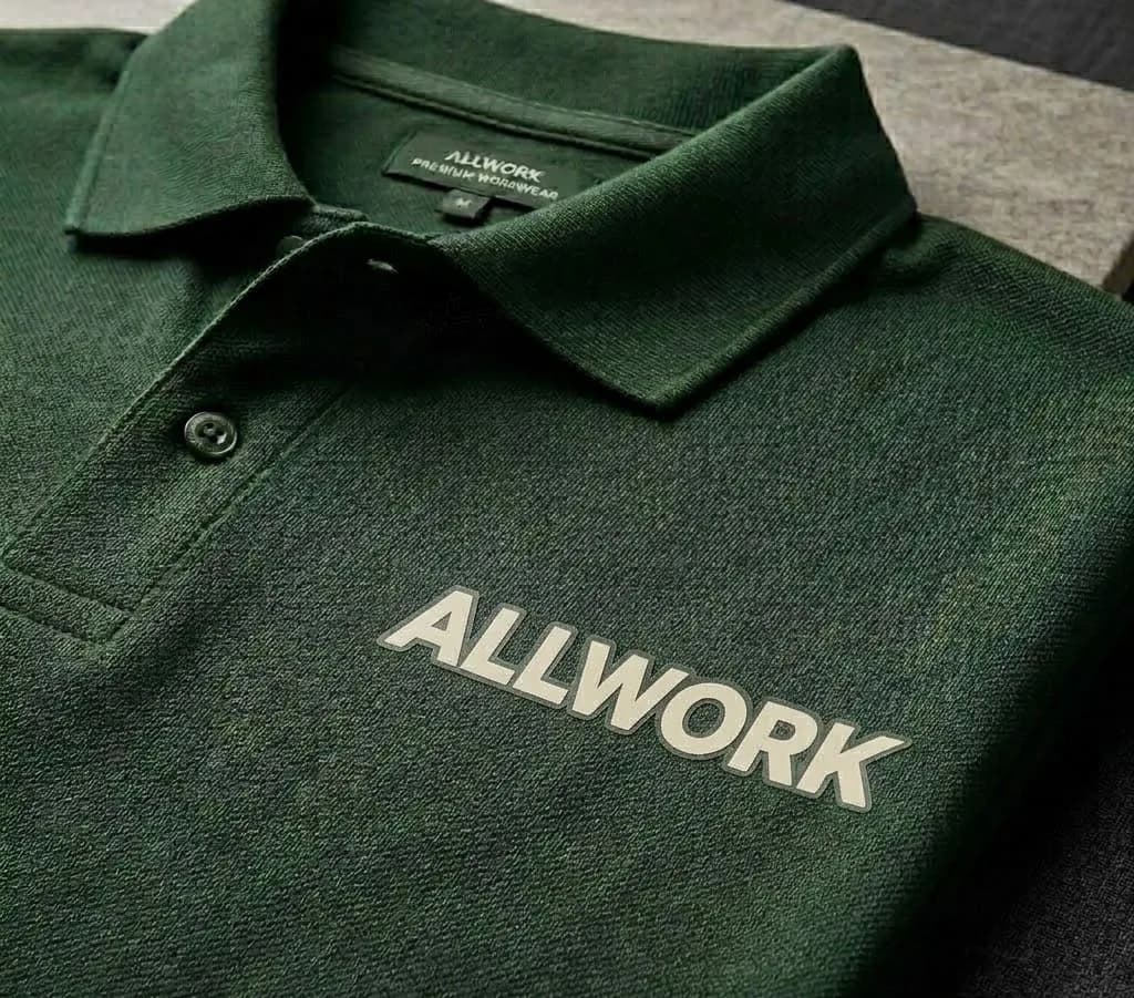 Polo verde con el logotipo ALLWORK en vinilo textil, con el canto del corte marcado