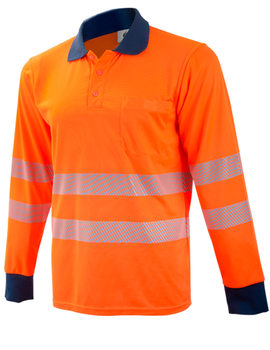 Polo liso de alta visibilidad manga larga 1057Z naranja con cintas intermitentes y bolsillo, tejido COOLMAX
