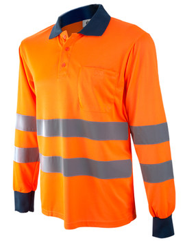 Polo liso de alta visibilidad manga larga 1057 naranja con bolsillo, tejido COOLMAX