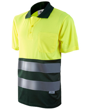 Polo combinado transpirable de alta visibilidad 1201 verde oscuro/amarillo con bolsillo tejido COOLMAX