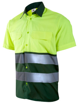 Camisa combinada de manga corta verde oscuro/amarillo 1202 de alta visibilidad CLASE 1